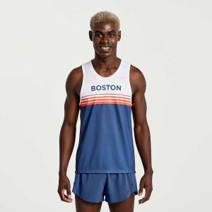 Men's Saucony Boston Stopwatch Singlet Tank Top Blue / White | SG S32850-D87