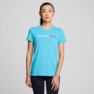 Women's Saucony Chicago Rested T Shirts Blue | SG S18460-V07