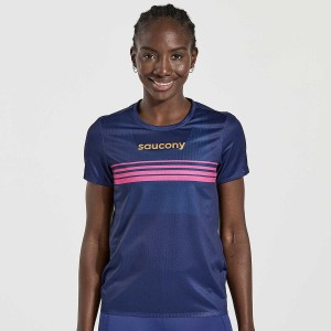 Women's Saucony Elite Short Sleeve T Shirts Navy | SG S91803-N60