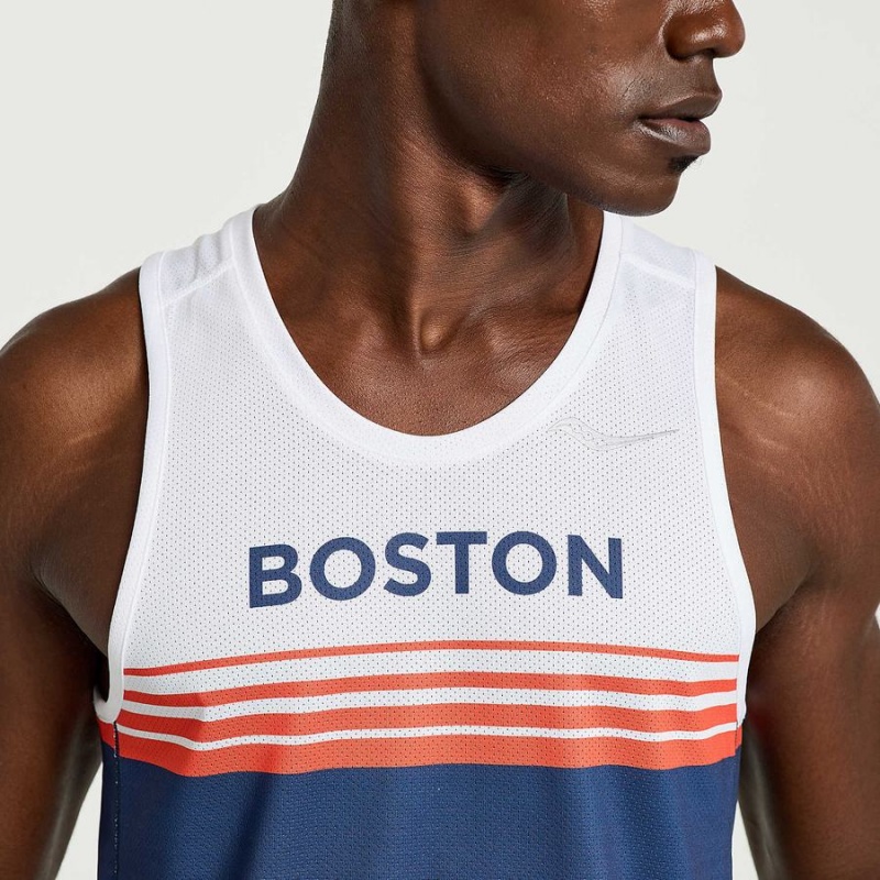 Men's Saucony Boston Stopwatch Singlet Tank Top Blue / White | SG S32850-D87