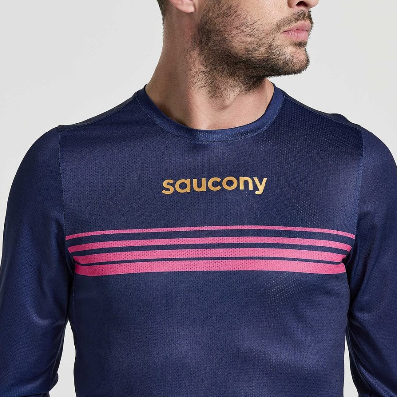 Men's Saucony Elite Long Sleeve T Shirts Navy | SG S67438-U82