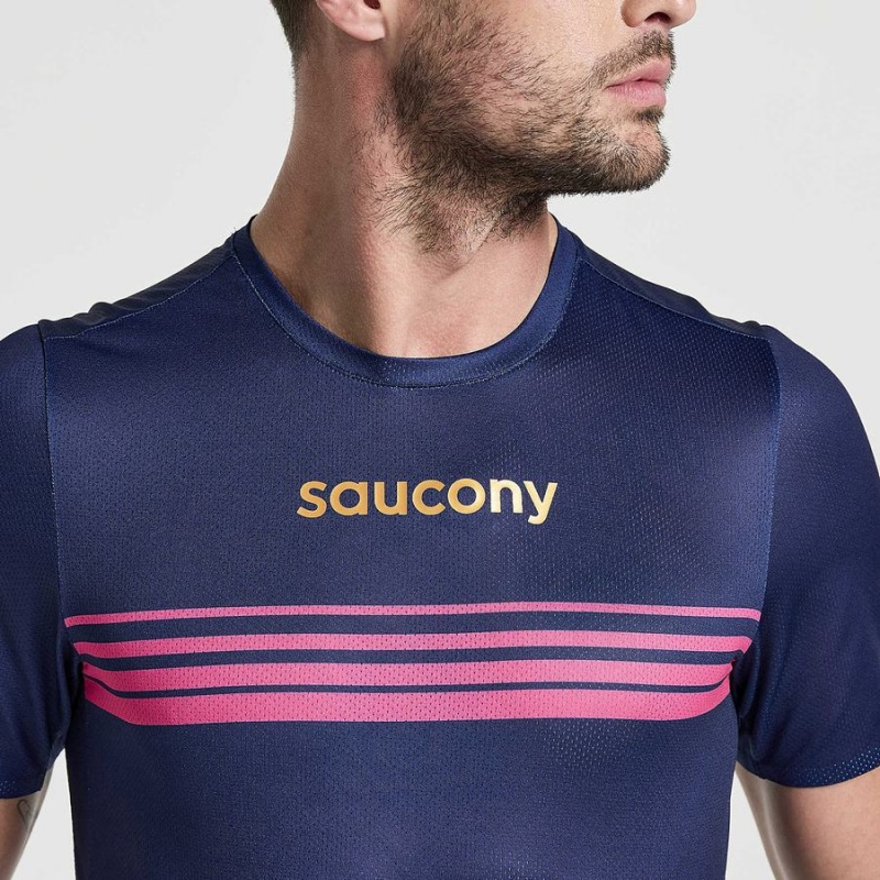 Men's Saucony Elite Short Sleeve T Shirts Navy | SG S63702-H82