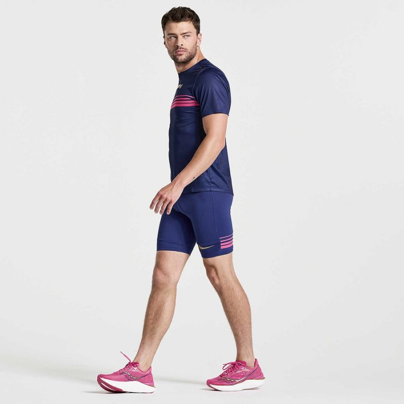 Men's Saucony Elite Short Sleeve T Shirts Navy | SG S63702-H82