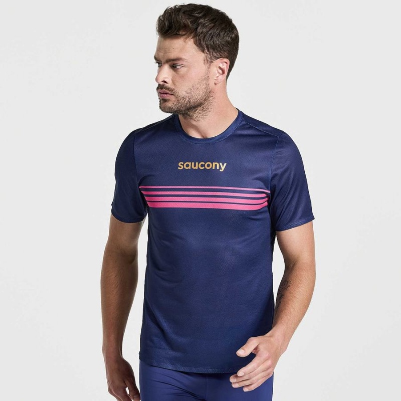 Men\'s Saucony Elite Short Sleeve T Shirts Navy | SG S63702-H82